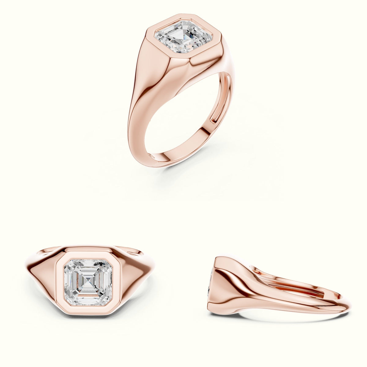 Asscher Bezel Lab-Grown Diamond Solitaire Ring — Rose gold, on the hand | Crystal N Cuts
