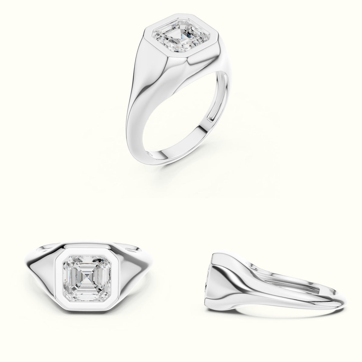 Asscher Bezel Lab-Grown Diamond Solitaire Ring — White gold, on the hand | Crystal N Cuts