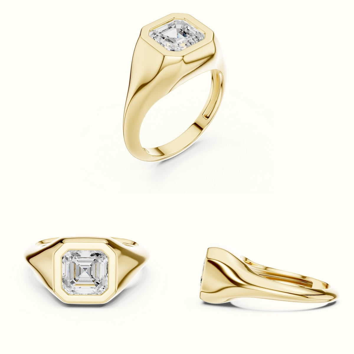 Asscher Bezel Lab-Grown Diamond Solitaire Ring — Yellow gold, on the hand | Crystal N Cuts
