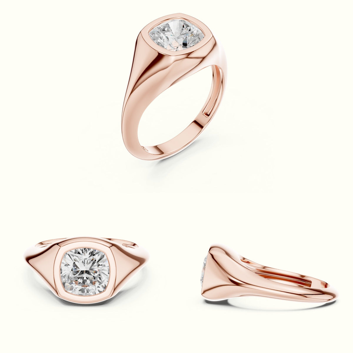 Cushion Bezel Solitaire Lab-Grown Diamond Ring — Rose gold, on the hand | Crystal N Cuts