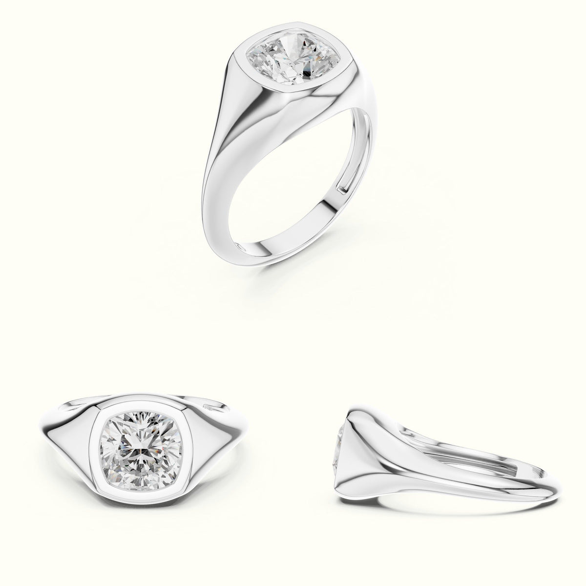 Cushion Bezel Solitaire Lab-Grown Diamond Ring — White gold, on the hand | Crystal N Cuts