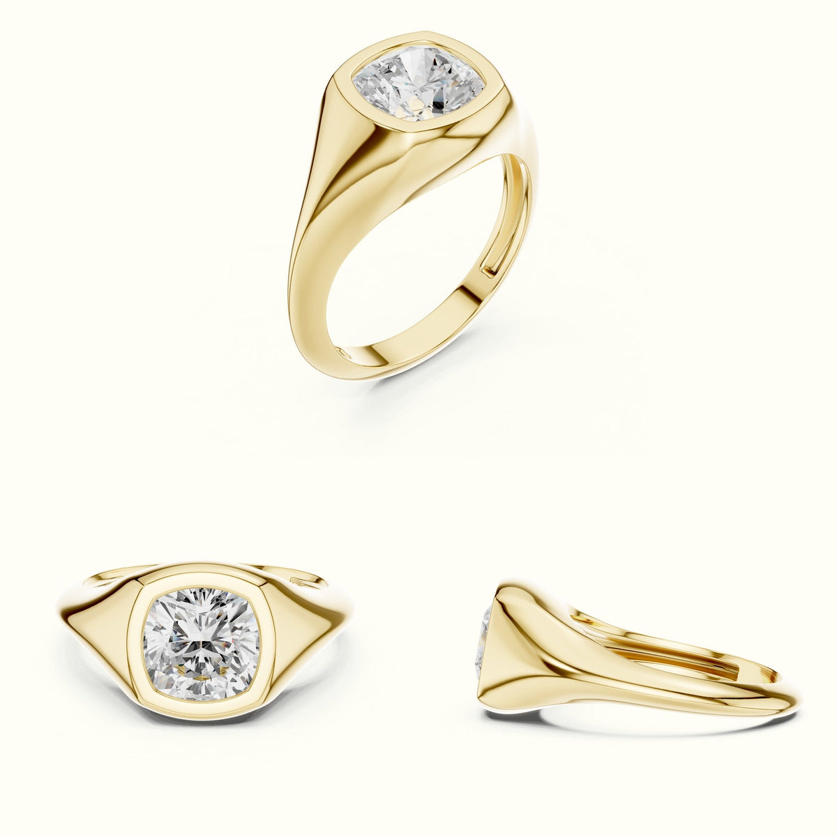 Cushion Bezel Solitaire Lab-Grown Diamond Ring — Yellow gold, on the hand | Crystal N Cuts
