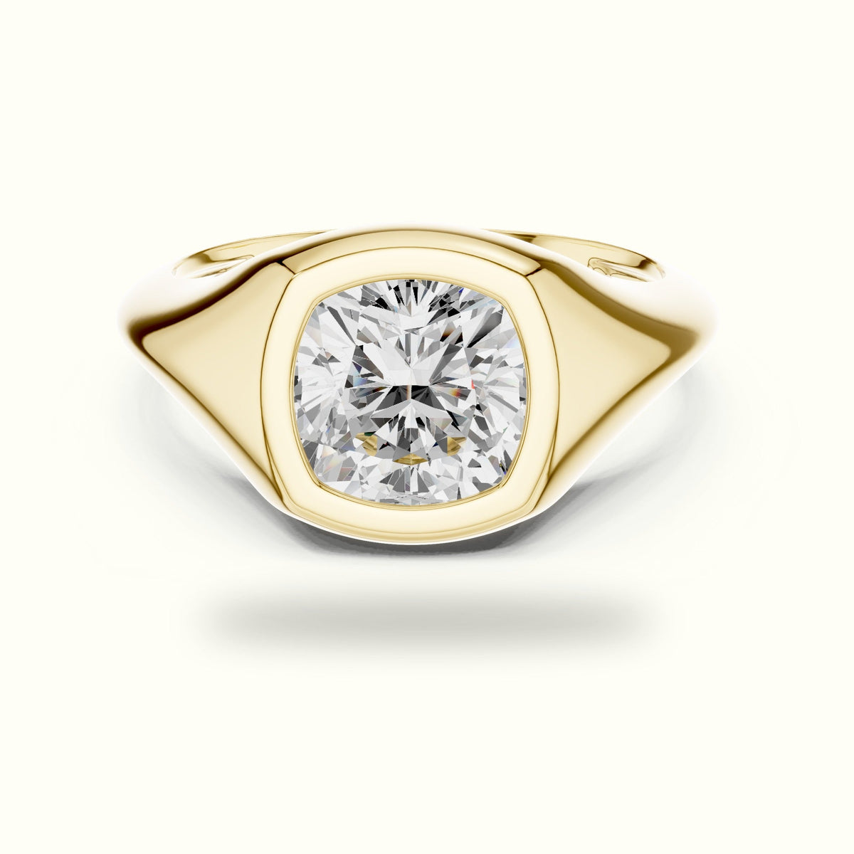 Cushion Bezel Solitaire Lab-Grown Diamond Ring — Yellow gold, front view | Crystal N Cuts