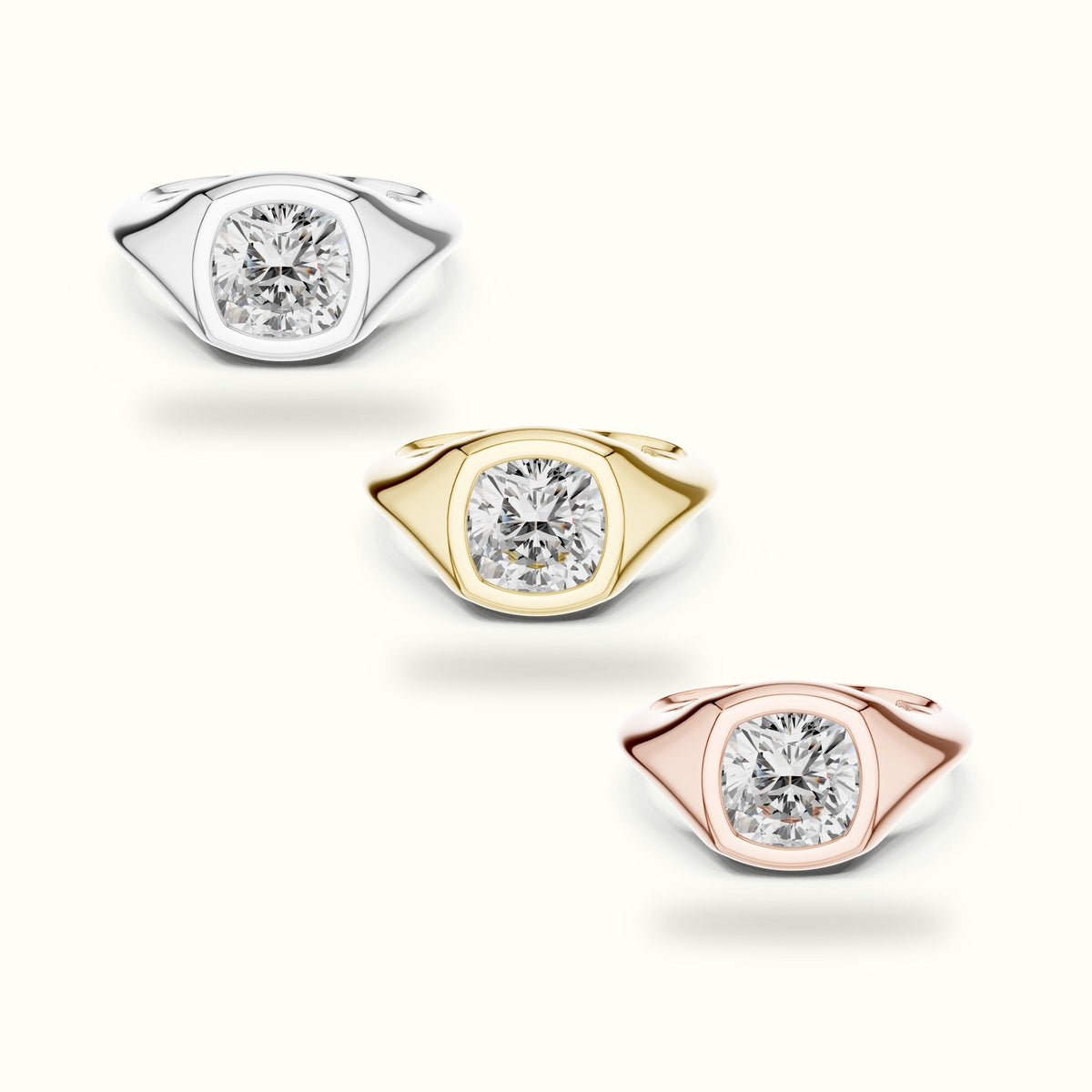 Cushion Bezel Solitaire Lab-Grown Diamond Ring — Yellow gold, front view | Crystal N Cuts