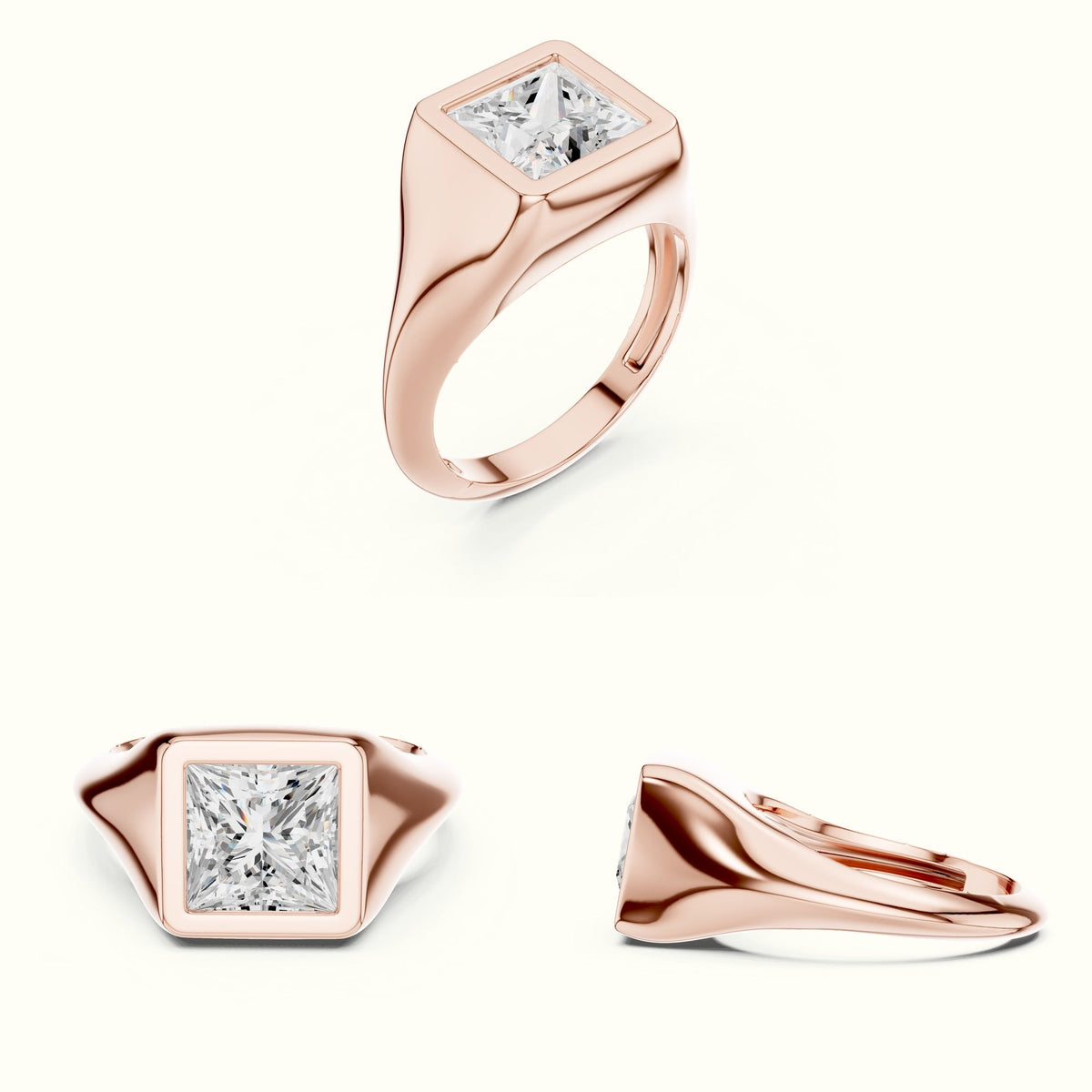 Princess Bezel Lab-Grown Diamond Solitaire Ring — Rose gold, on the hand | Crystal N Cuts