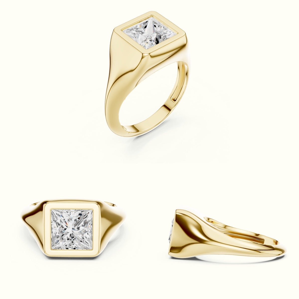 Princess Bezel Lab-Grown Diamond Solitaire Ring — Yellow gold, on the hand | Crystal N Cuts