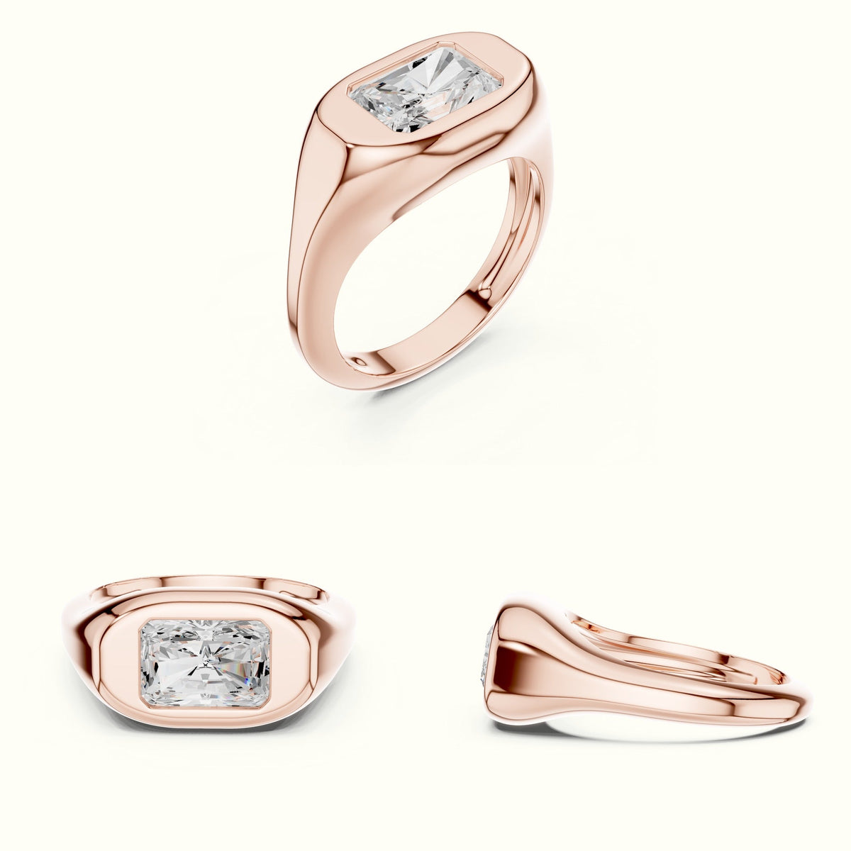 Radiant Bezel Lab-Grown Diamond Solitaire Ring — Rose gold, on the hand | Crystal N Cuts