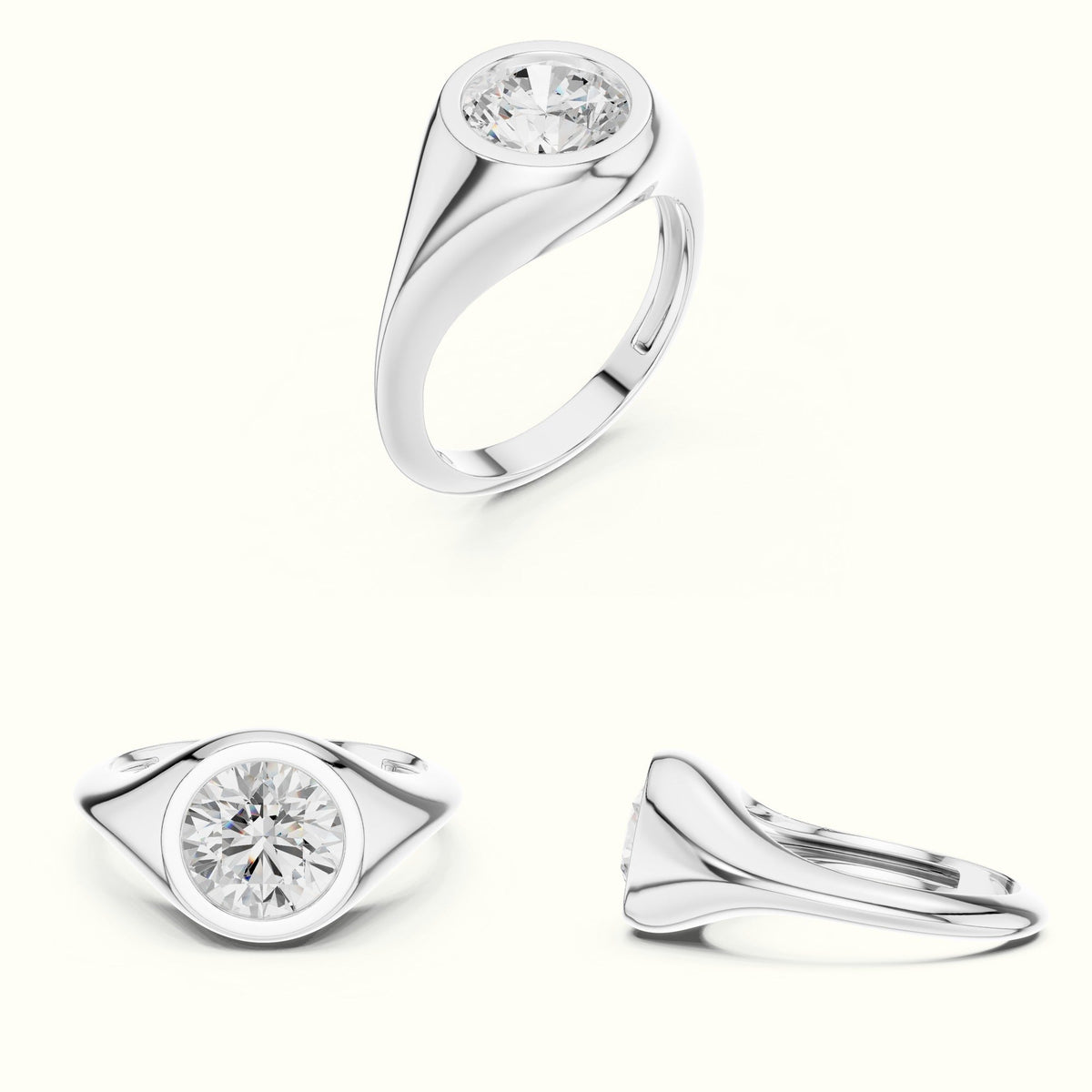 Round Bezel Lab-Grown Diamond Solitaire Ring — White gold, on the hand | Crystal N Cuts