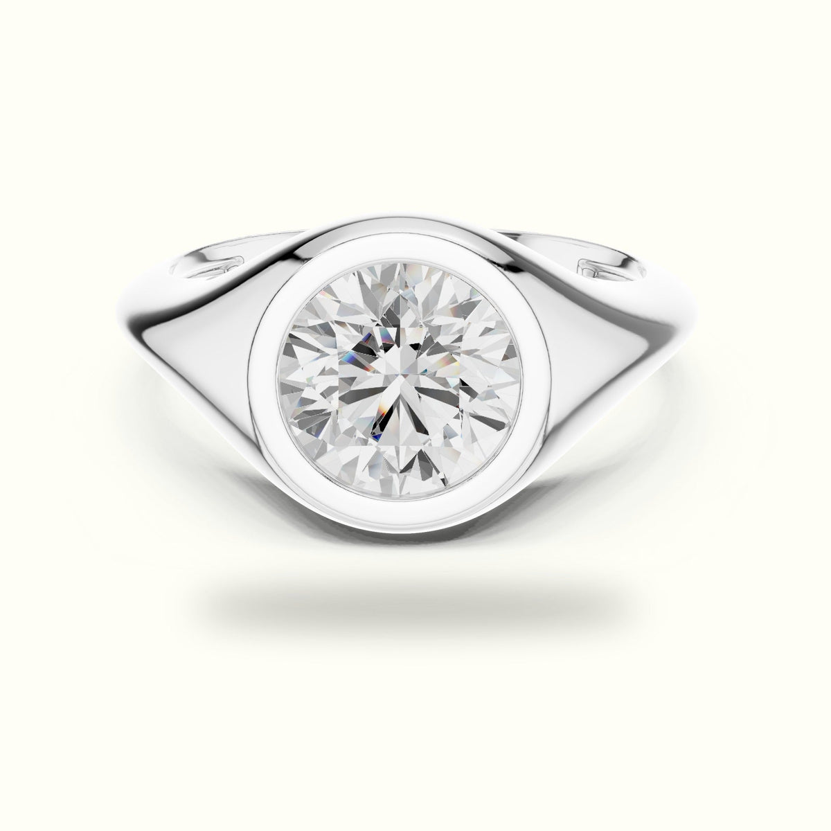 Round Bezel Lab-Grown Diamond Solitaire Ring — White gold, front view | Crystal N Cuts