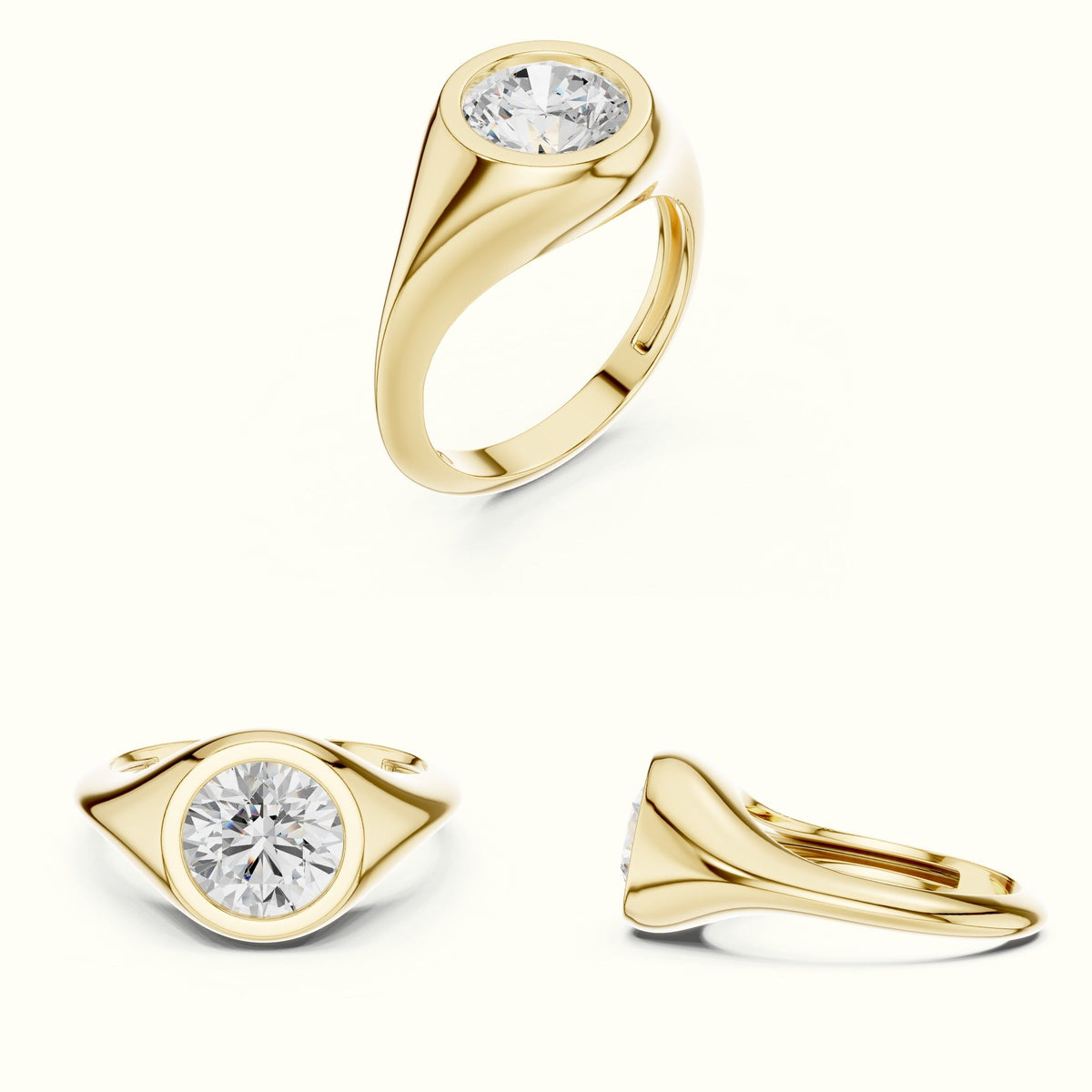 Round Bezel Lab-Grown Diamond Solitaire Ring — Yellow gold, on the hand | Crystal N Cuts