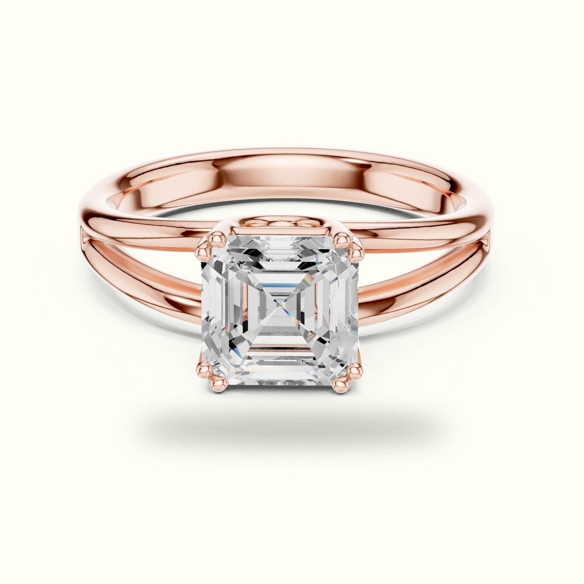 Asscher Cut Split Shoulder Lab-Grown Diamond Solitaire Ring — Rose gold, front view | Crystal N Cuts