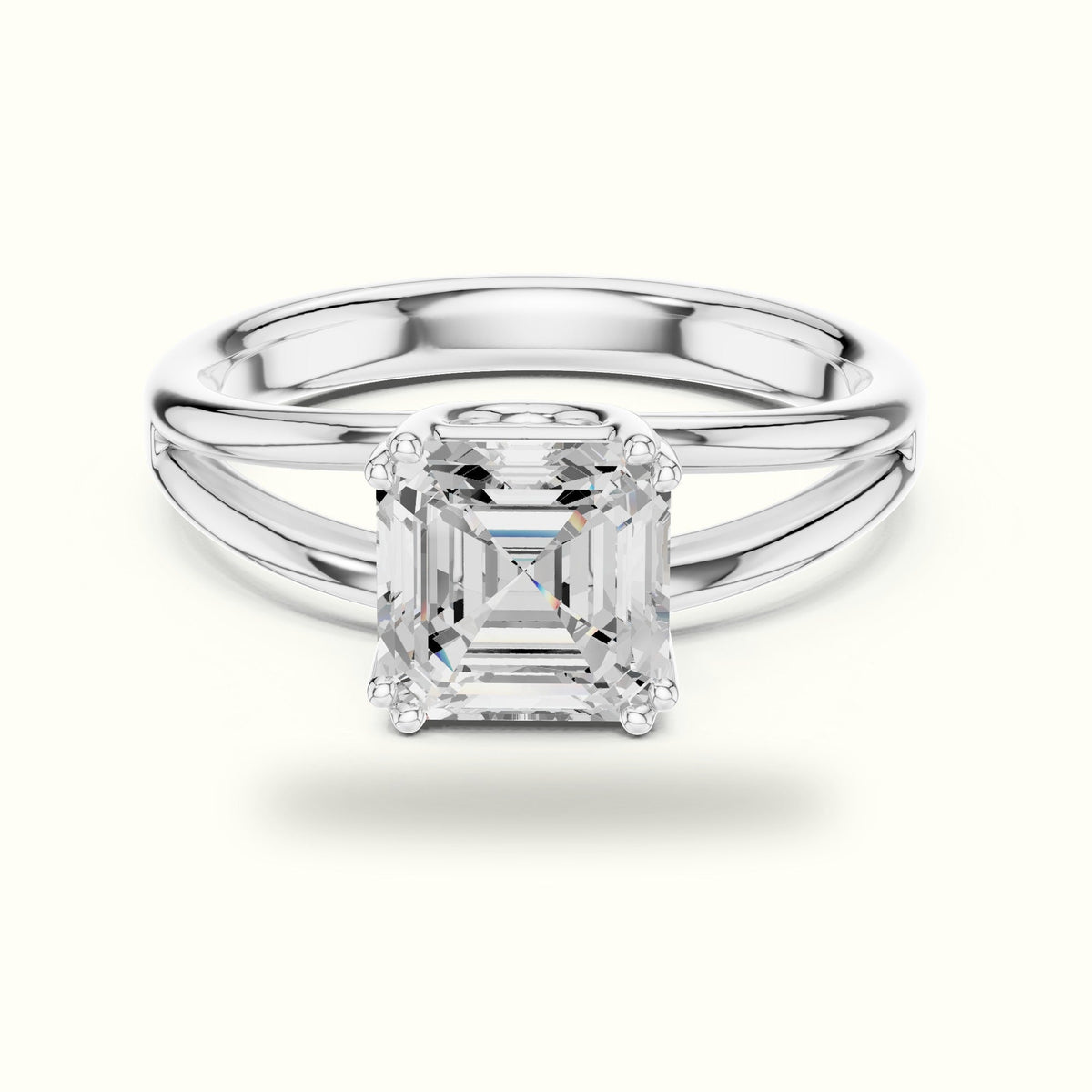 Asscher Cut Split Shoulder Lab-Grown Diamond Solitaire Ring — White gold, front view | Crystal N Cuts