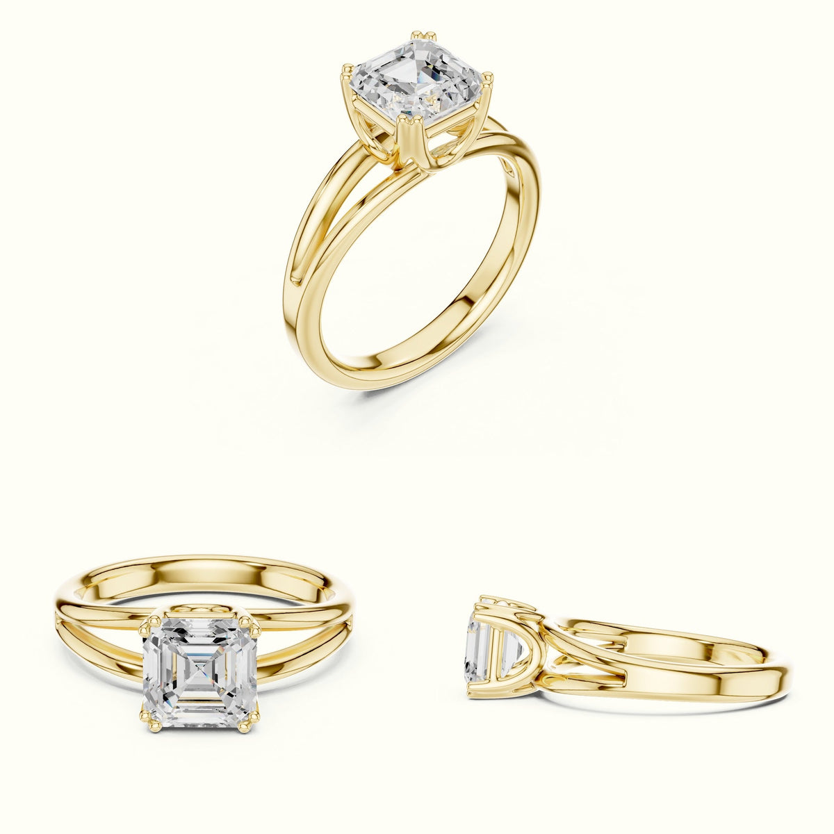 Asscher Cut Split Shoulder Lab-Grown Diamond Solitaire Ring — Yellow gold, on the hand | Crystal N Cuts