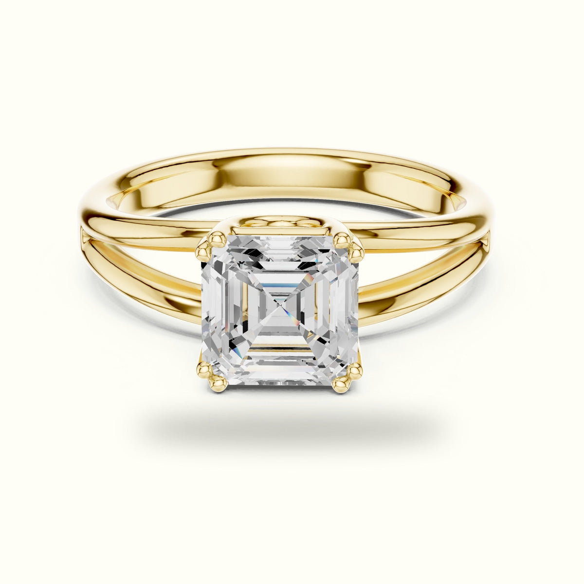 Asscher Cut Split Shoulder Lab-Grown Diamond Solitaire Ring — Yellow gold, front view | Crystal N Cuts