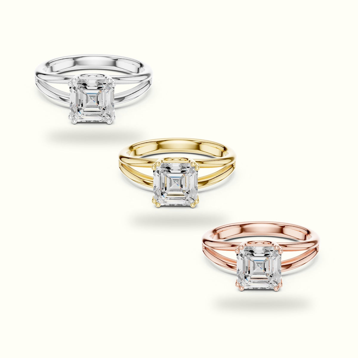 Asscher Cut Split Shoulder Lab-Grown Diamond Solitaire Ring — Rose gold, front view | Crystal N Cuts