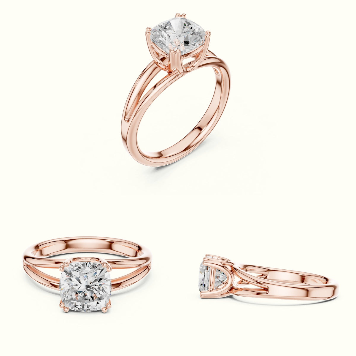 Cushion Split Shoulder Lab-Grown Diamond Solitaire Ring — Rose gold, on the hand | Crystal N Cuts