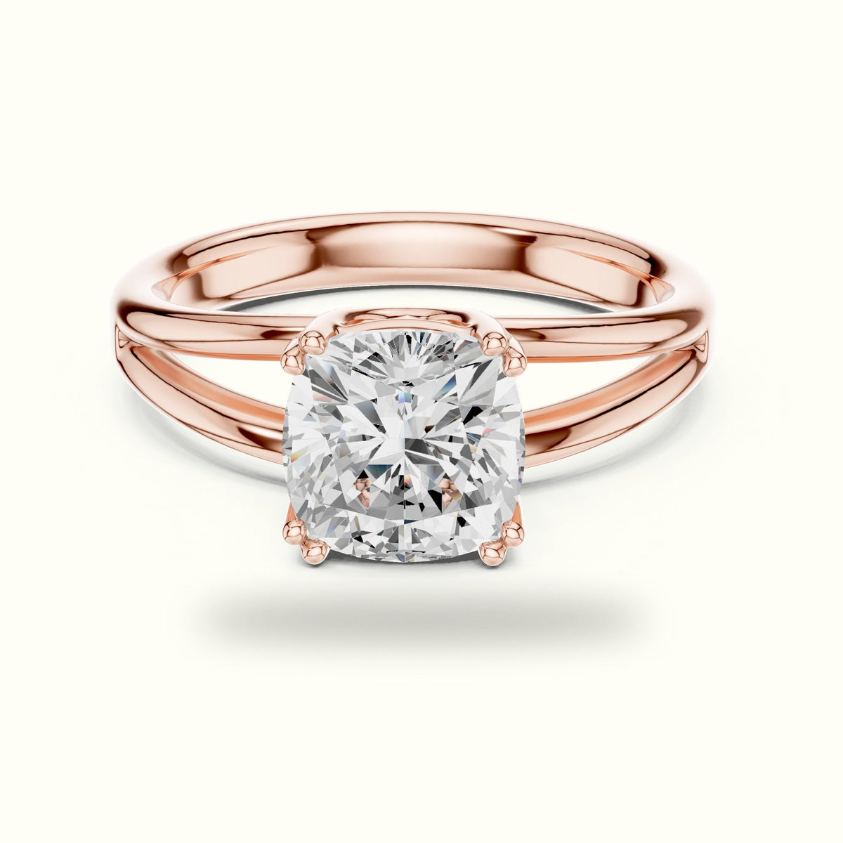 Cushion Split Shoulder Lab-Grown Diamond Solitaire Ring — Rose gold, front view | Crystal N Cuts