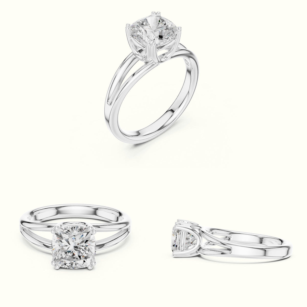 Cushion Split Shoulder Lab-Grown Diamond Solitaire Ring — White gold, on the hand | Crystal N Cuts