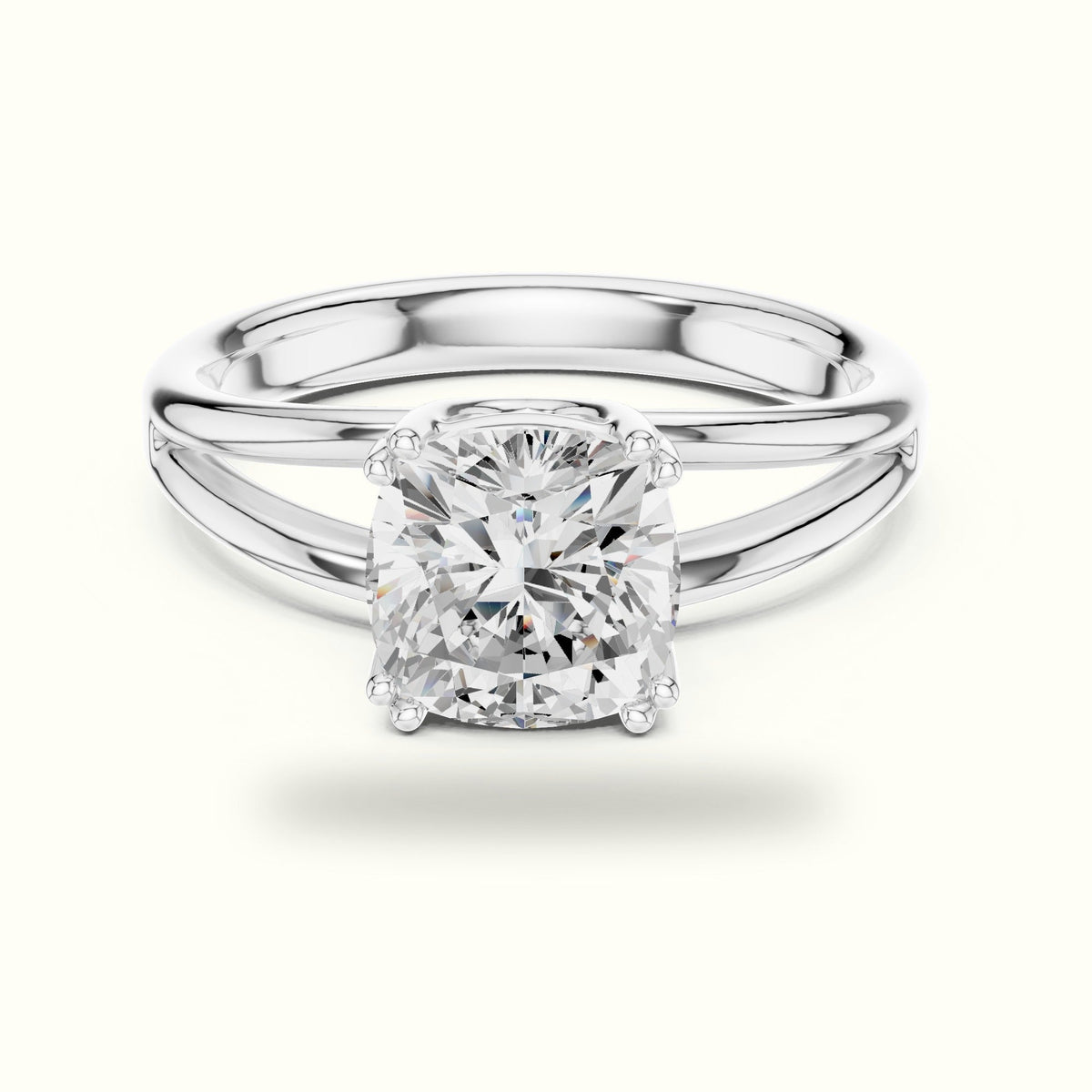 Cushion Split Shoulder Lab-Grown Diamond Solitaire Ring — White gold, front view | Crystal N Cuts