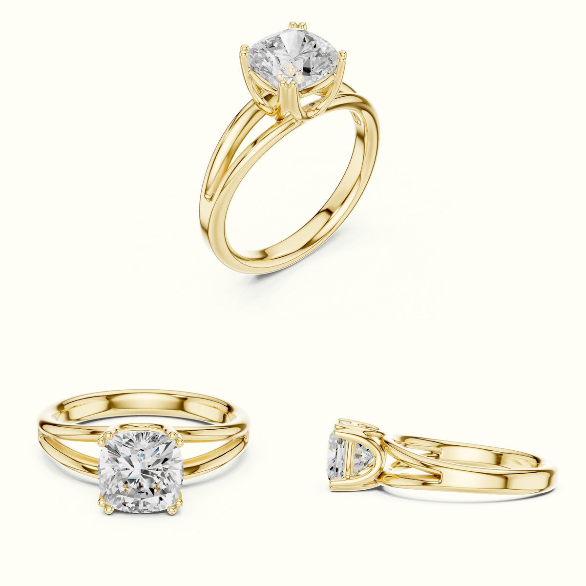 Cushion Split Shoulder Lab-Grown Diamond Solitaire Ring — Yellow gold, on the hand | Crystal N Cuts