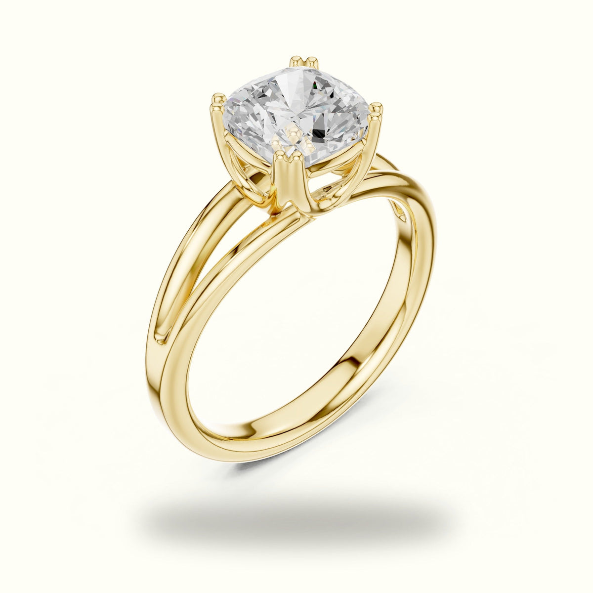 Cushion Split Shoulder Lab-Grown Diamond Solitaire Ring — Yellow gold, view 2 | Crystal N Cuts