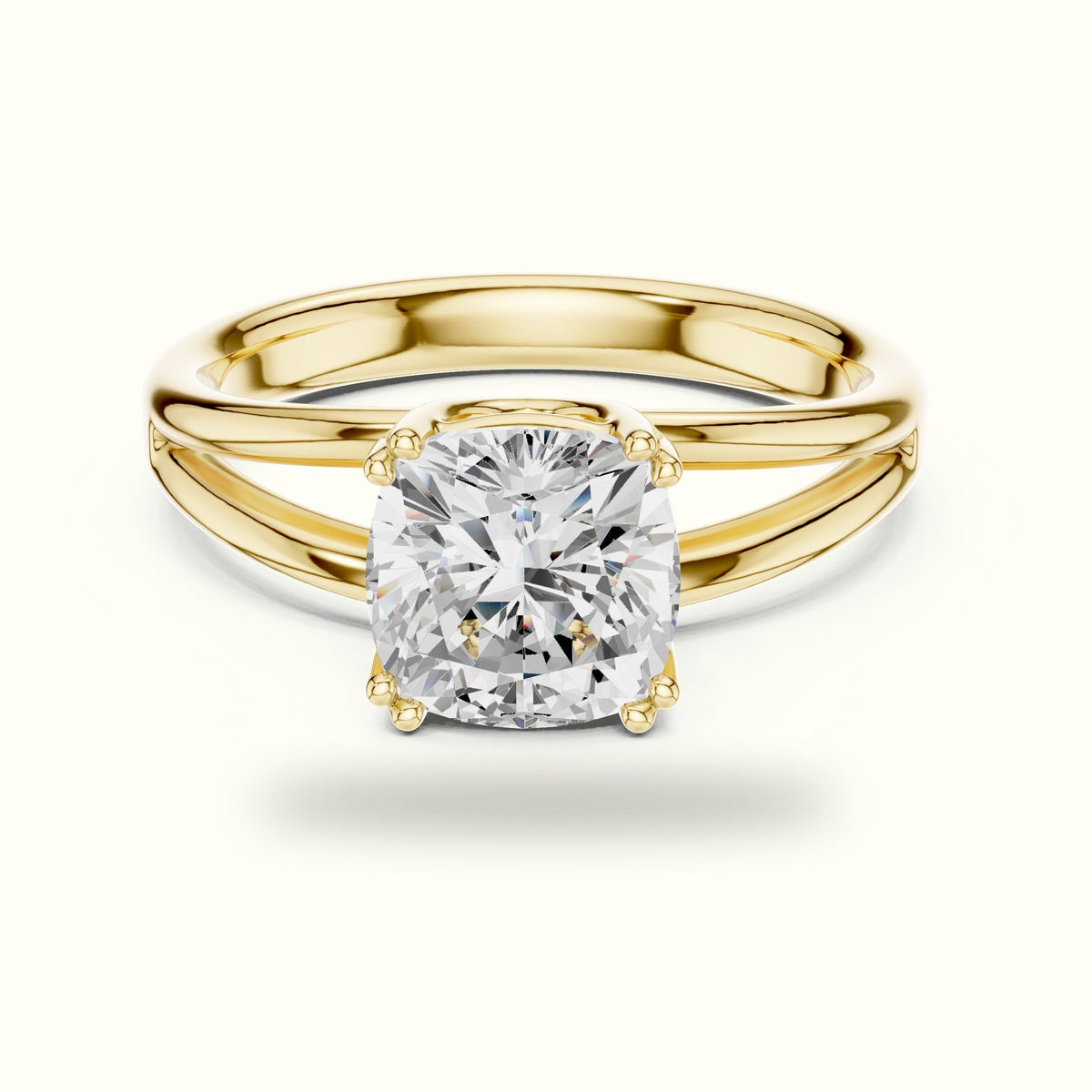 Cushion Split Shoulder Lab-Grown Diamond Solitaire Ring — Yellow gold, front view | Crystal N Cuts