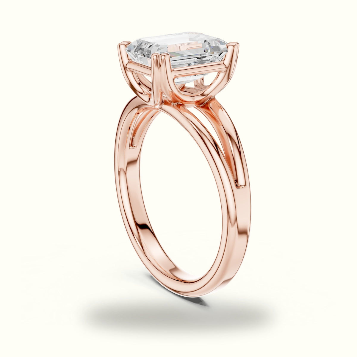 Emerald Split Shoulder Lab-Grown Diamond Solitaire Ring — Rose gold, view 1 | Crystal N Cuts
