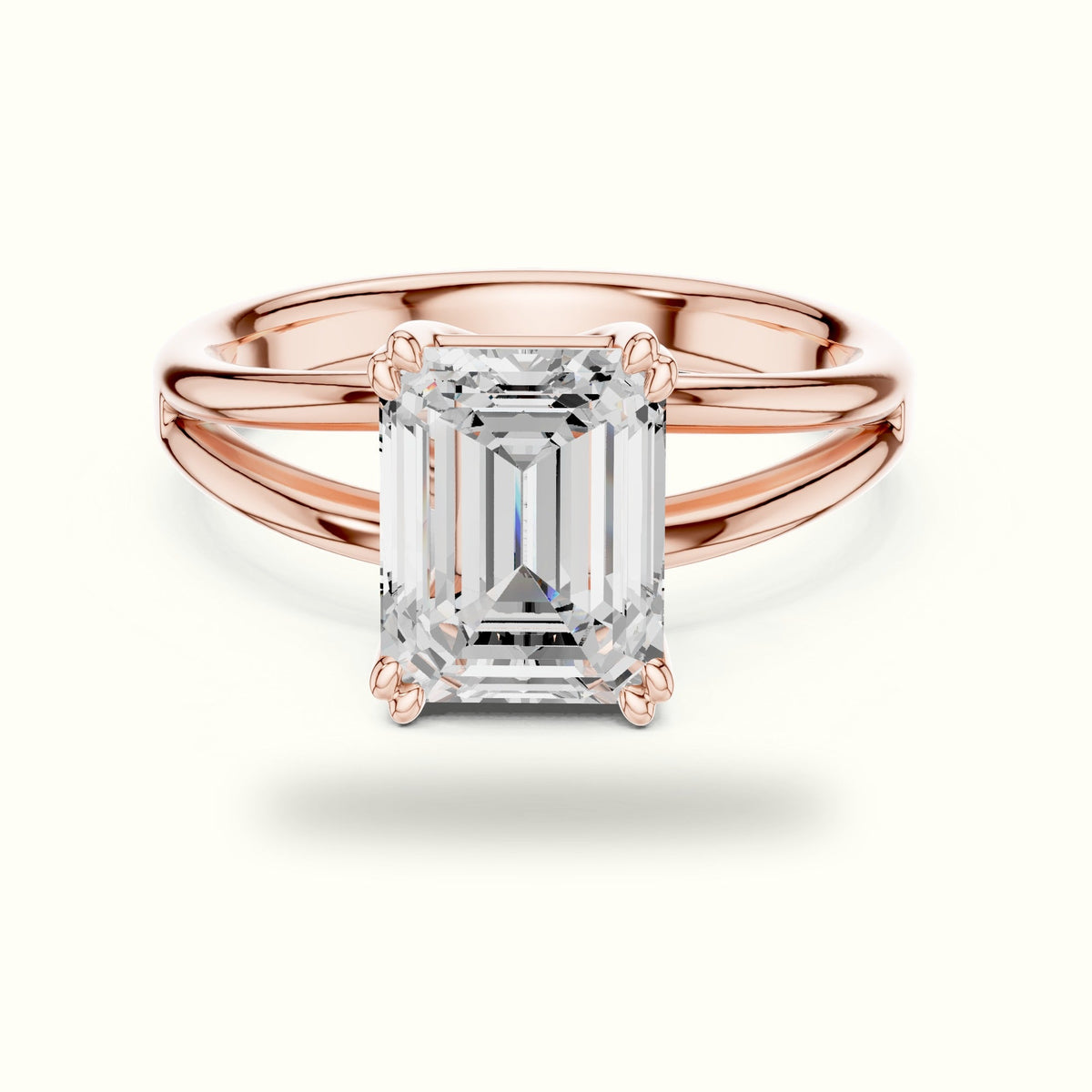 Emerald Split Shoulder Lab-Grown Diamond Solitaire Ring — Rose gold, front view | Crystal N Cuts