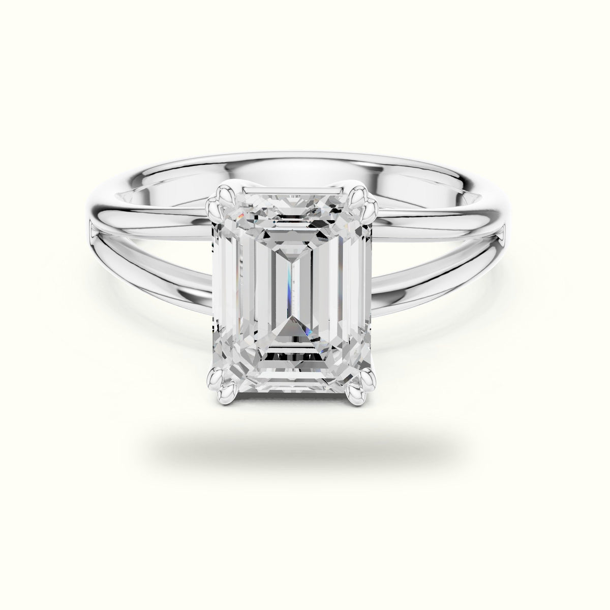 Emerald Split Shoulder Lab-Grown Diamond Solitaire Ring — White gold, front view | Crystal N Cuts
