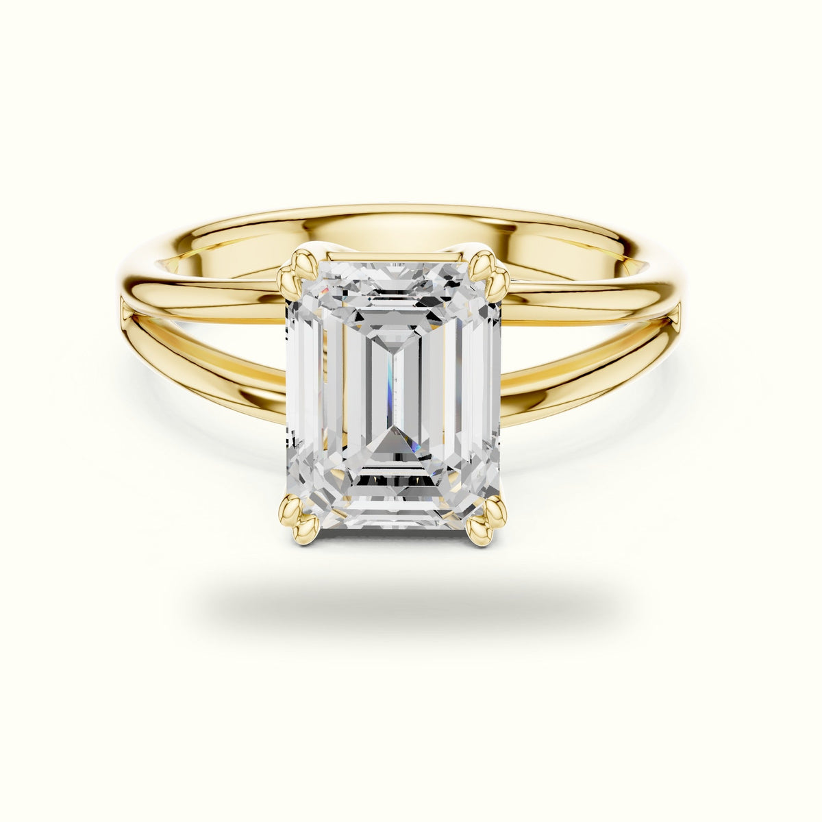 Emerald Split Shoulder Lab-Grown Diamond Solitaire Ring — Yellow gold, front view | Crystal N Cuts