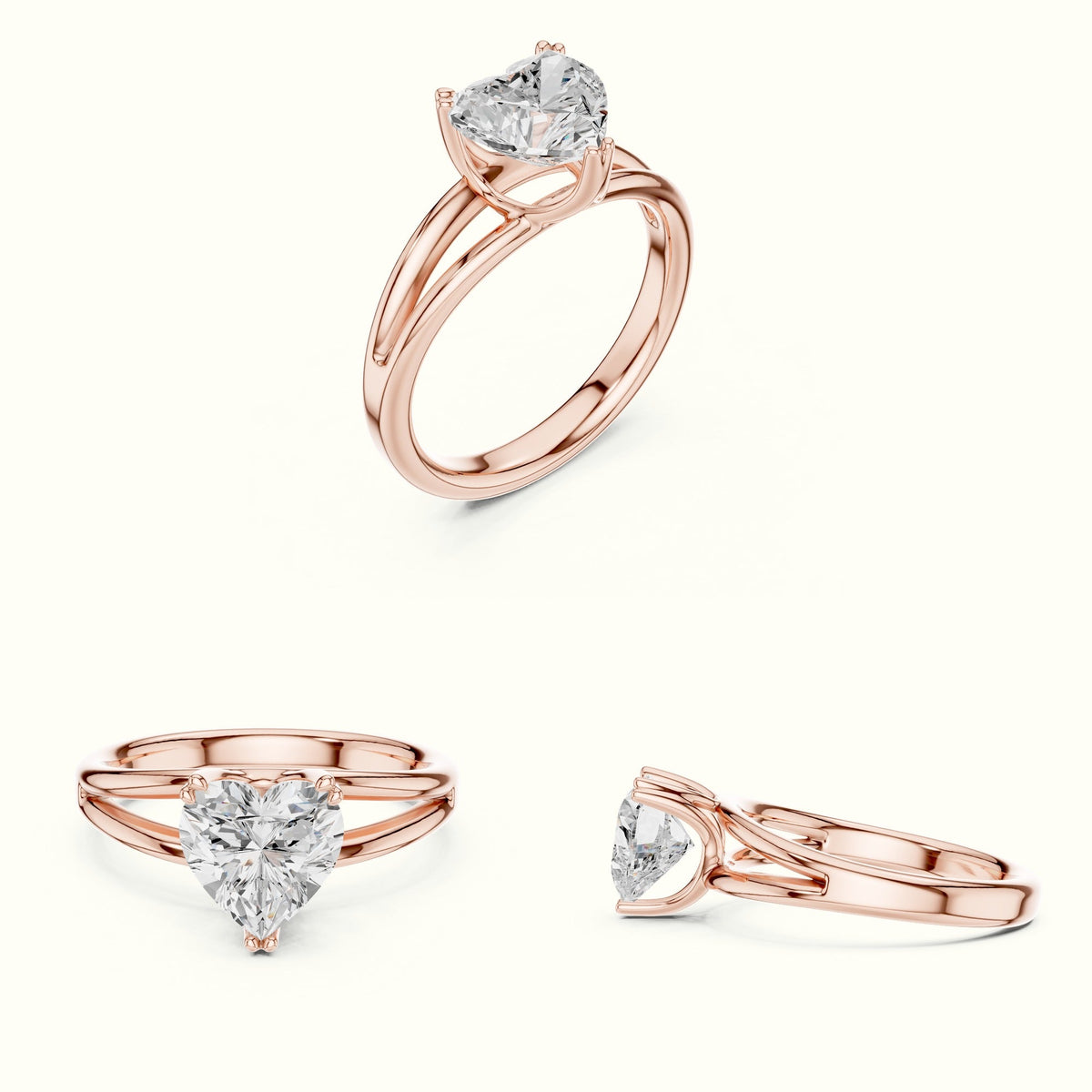 Heart Solitaire Split Shoulder Lab-Grown Diamond Ring — Rose gold, on the hand | Crystal N Cuts