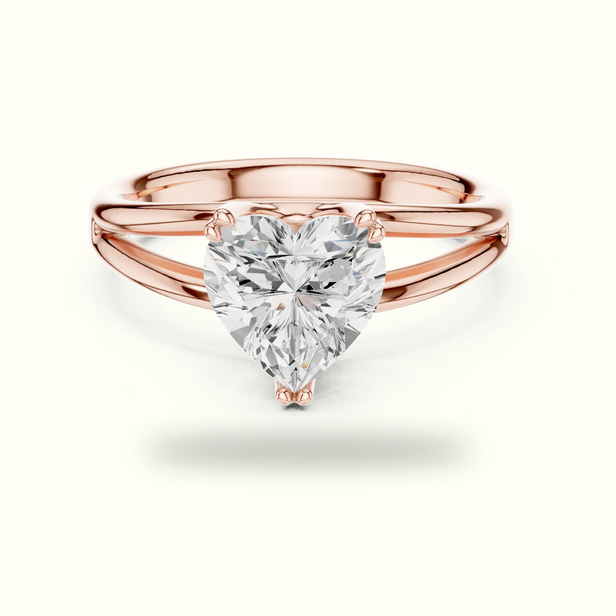 Heart Solitaire Split Shoulder Lab-Grown Diamond Ring — Rose gold, front view | Crystal N Cuts