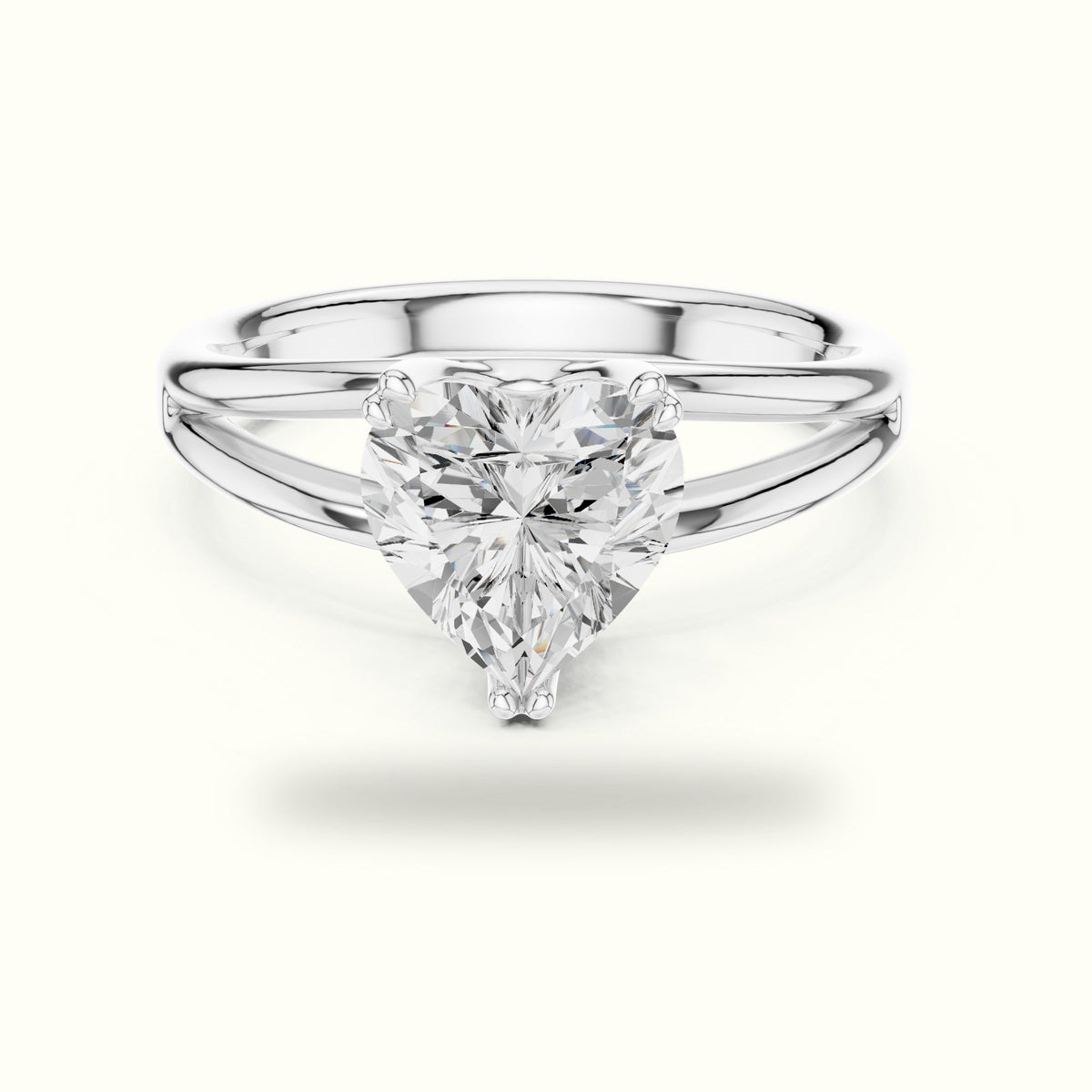 Heart Solitaire Split Shoulder Lab-Grown Diamond Ring — White gold, front view | Crystal N Cuts