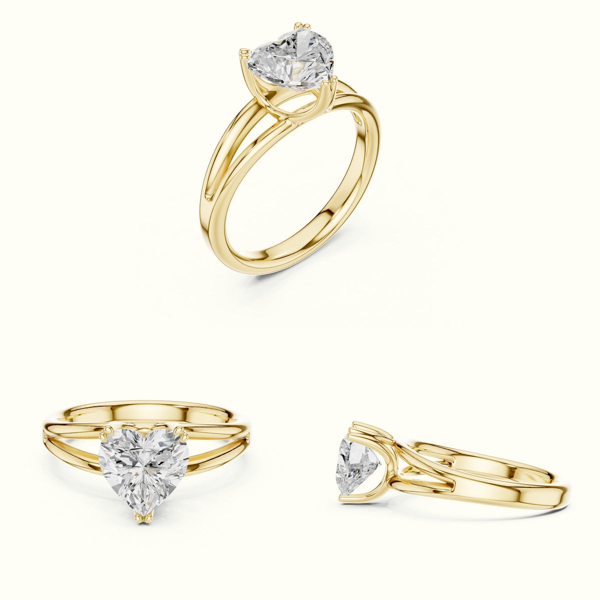 Heart Solitaire Split Shoulder Lab-Grown Diamond Ring — Yellow gold, on the hand | Crystal N Cuts