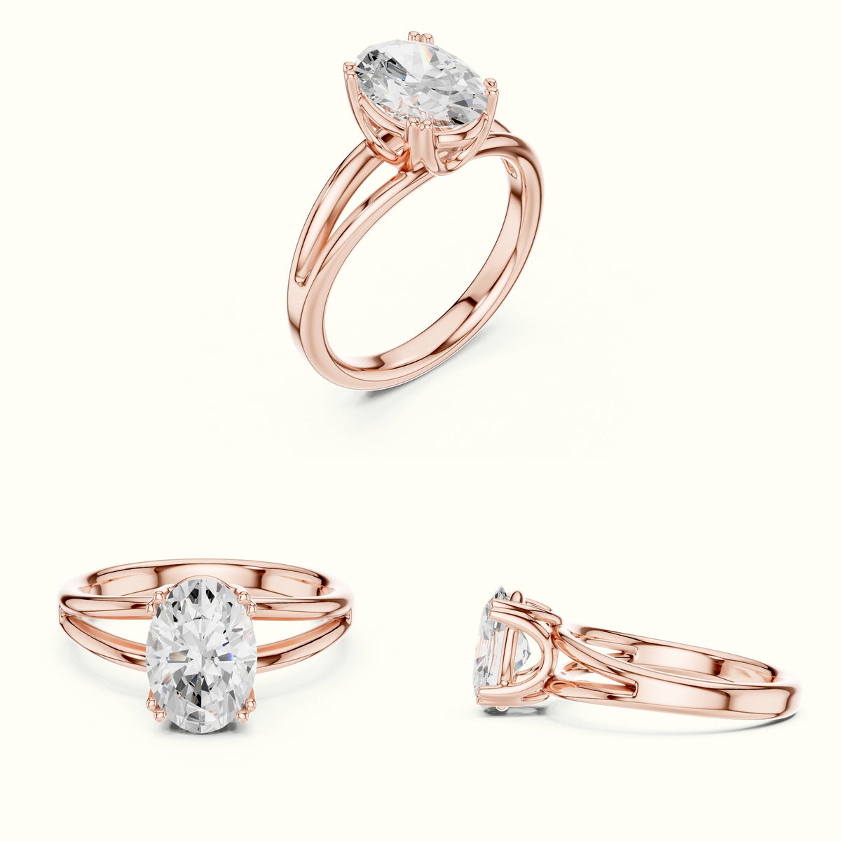Oval Split Shank Solitaire Lab-Grown Diamond Ring — Rose gold, on the hand | Crystal N Cuts