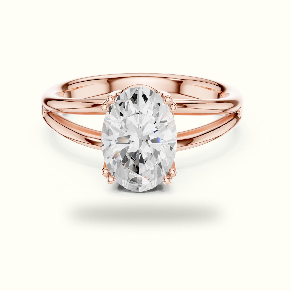 Oval Split Shank Solitaire Lab-Grown Diamond Ring — Rose gold, front view | Crystal N Cuts