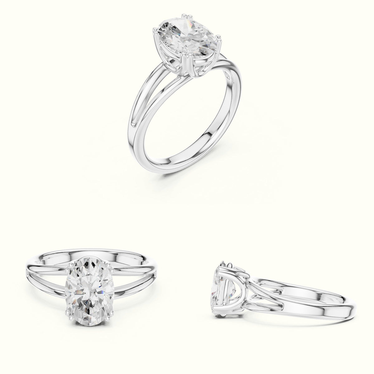 Oval Split Shank Solitaire Lab-Grown Diamond Ring — White gold, on the hand | Crystal N Cuts