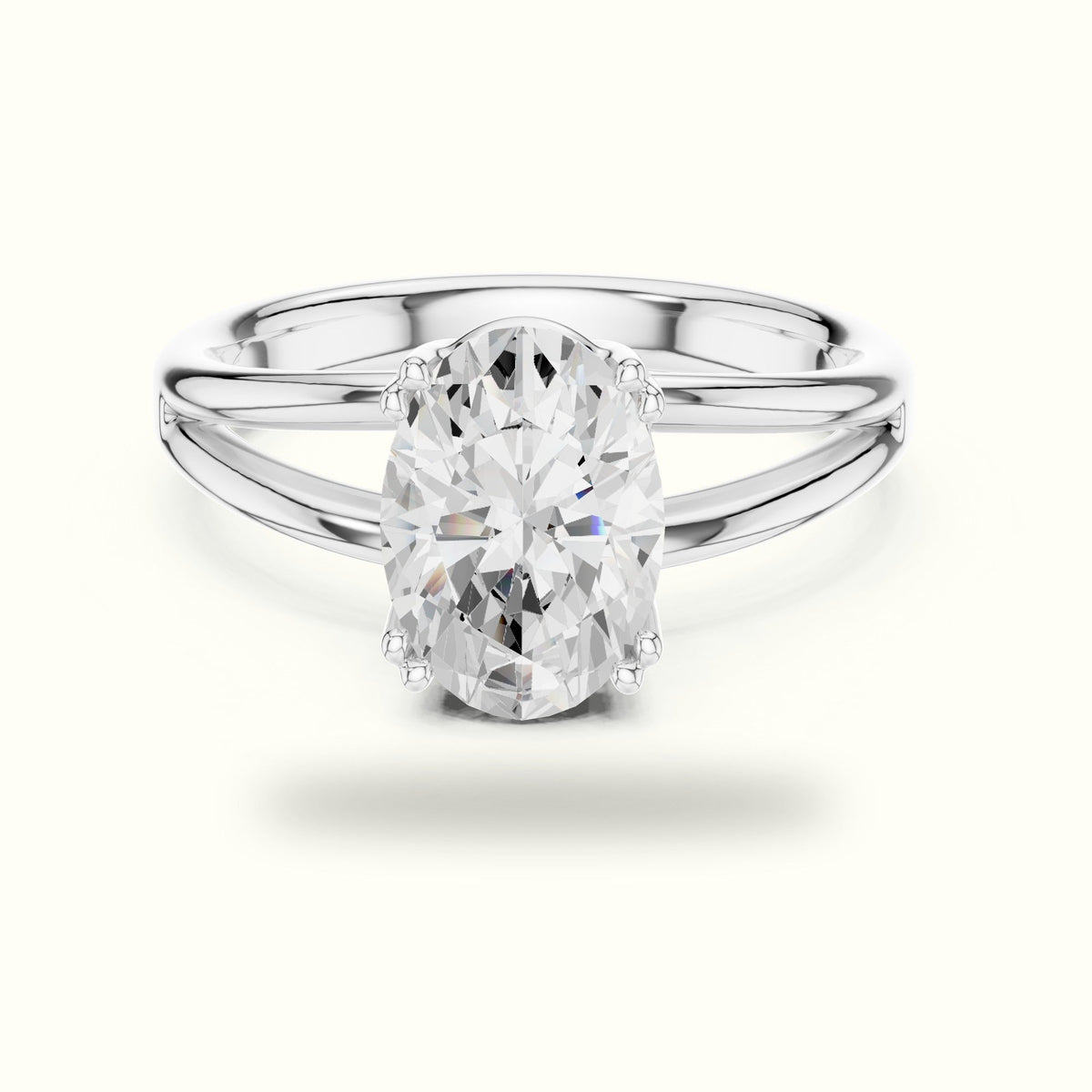 Oval Split Shank Solitaire Lab-Grown Diamond Ring — White gold, front view | Crystal N Cuts