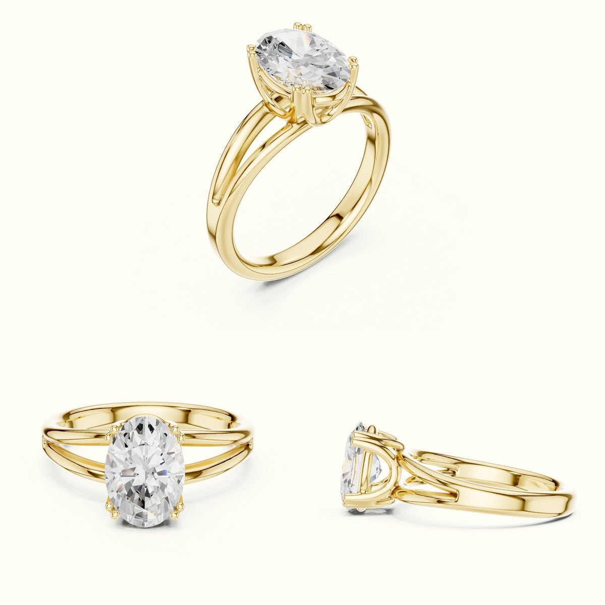 Oval Split Shank Solitaire Lab-Grown Diamond Ring — Yellow gold, on the hand | Crystal N Cuts