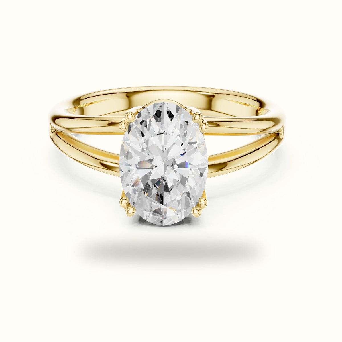 Oval Split Shank Solitaire Lab-Grown Diamond Ring — Yellow gold, front view | Crystal N Cuts