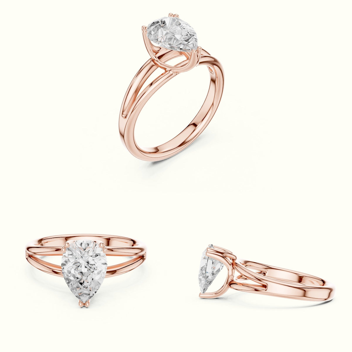Pear Split Shank Solitaire Lab-Grown Diamond Ring — Rose gold, on the hand | Crystal N Cuts