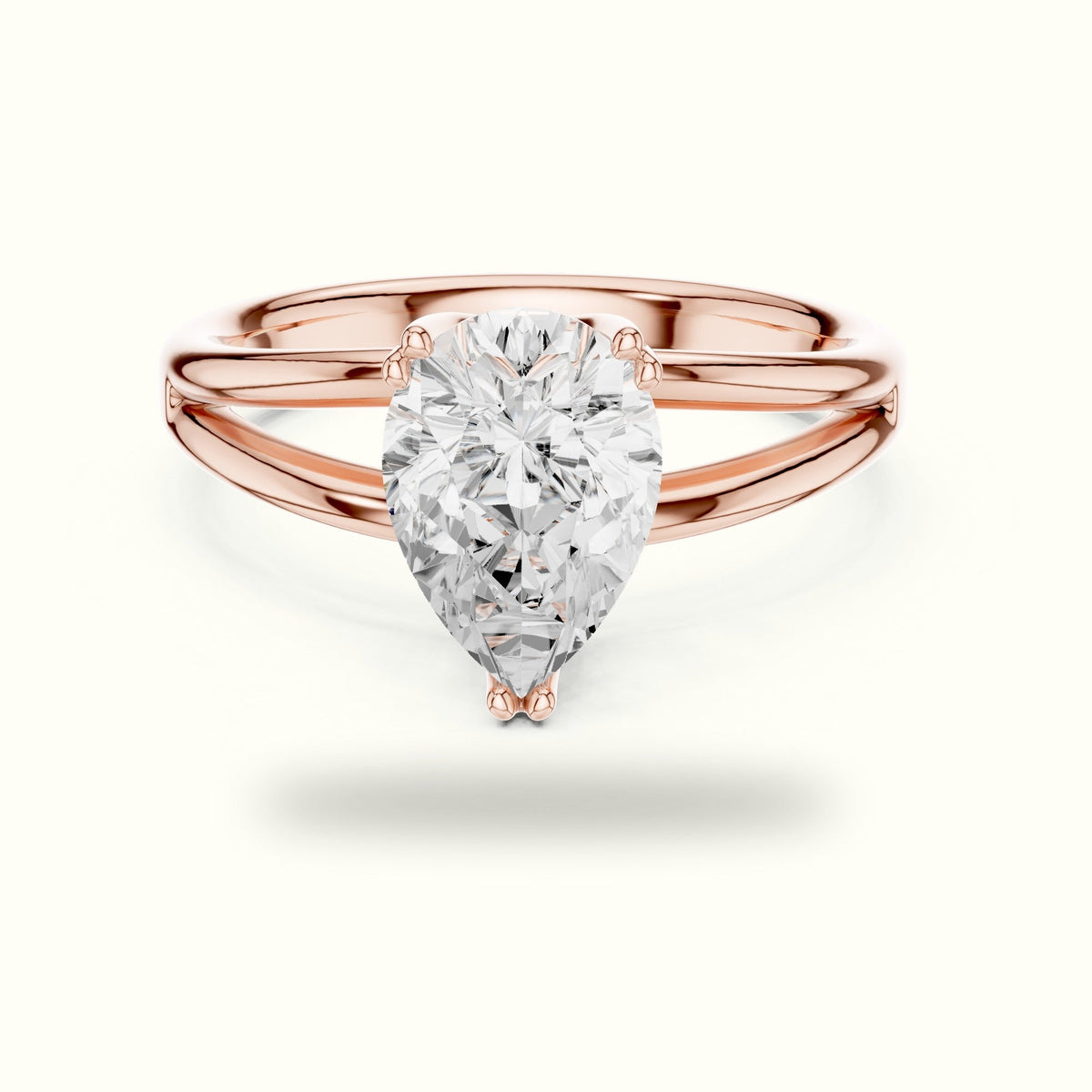 Pear Split Shank Solitaire Lab-Grown Diamond Ring — Rose gold, front view | Crystal N Cuts