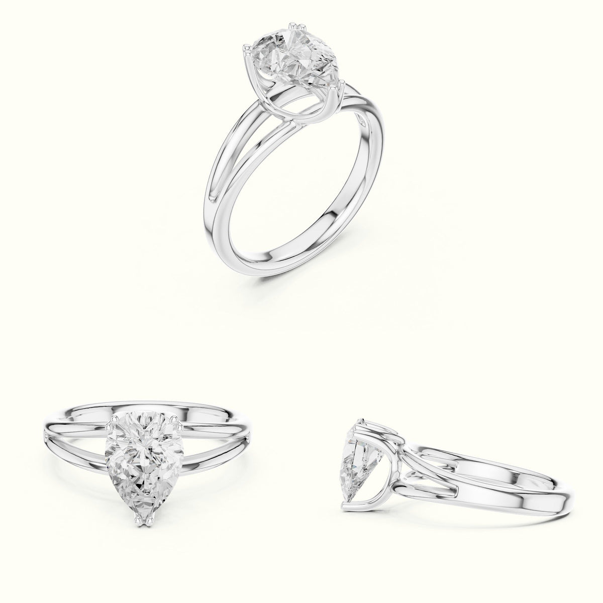 Pear Split Shank Solitaire Lab-Grown Diamond Ring — White gold, on the hand | Crystal N Cuts