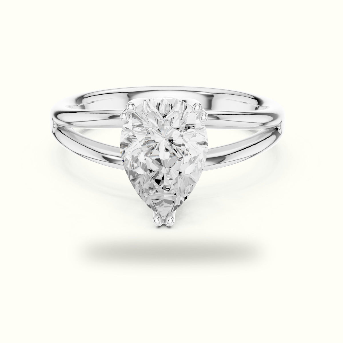 Pear Split Shank Solitaire Lab-Grown Diamond Ring — White gold, front view | Crystal N Cuts