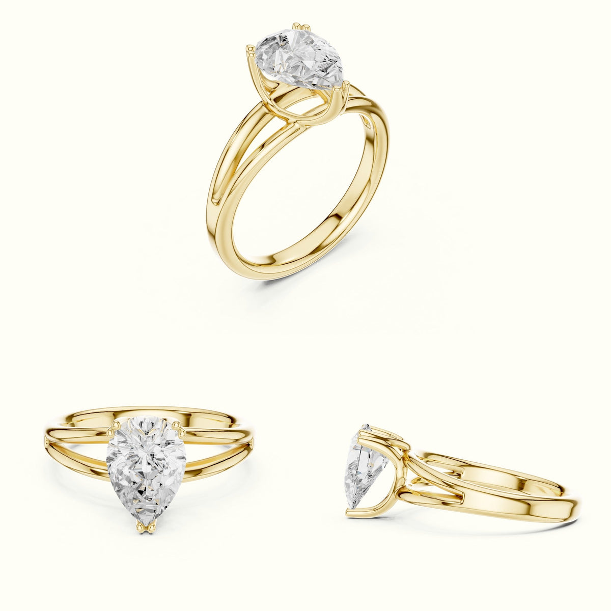 Pear Split Shank Solitaire Lab-Grown Diamond Ring — Yellow gold, on the hand | Crystal N Cuts