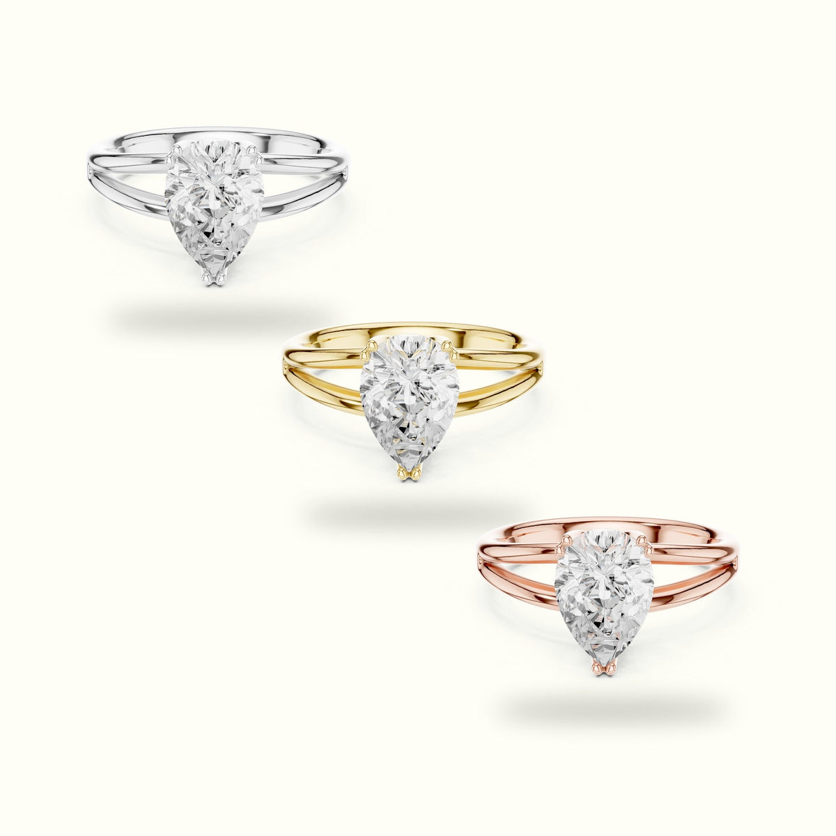 Pear Split Shank Solitaire Lab-Grown Diamond Ring — Yellow gold, front view | Crystal N Cuts