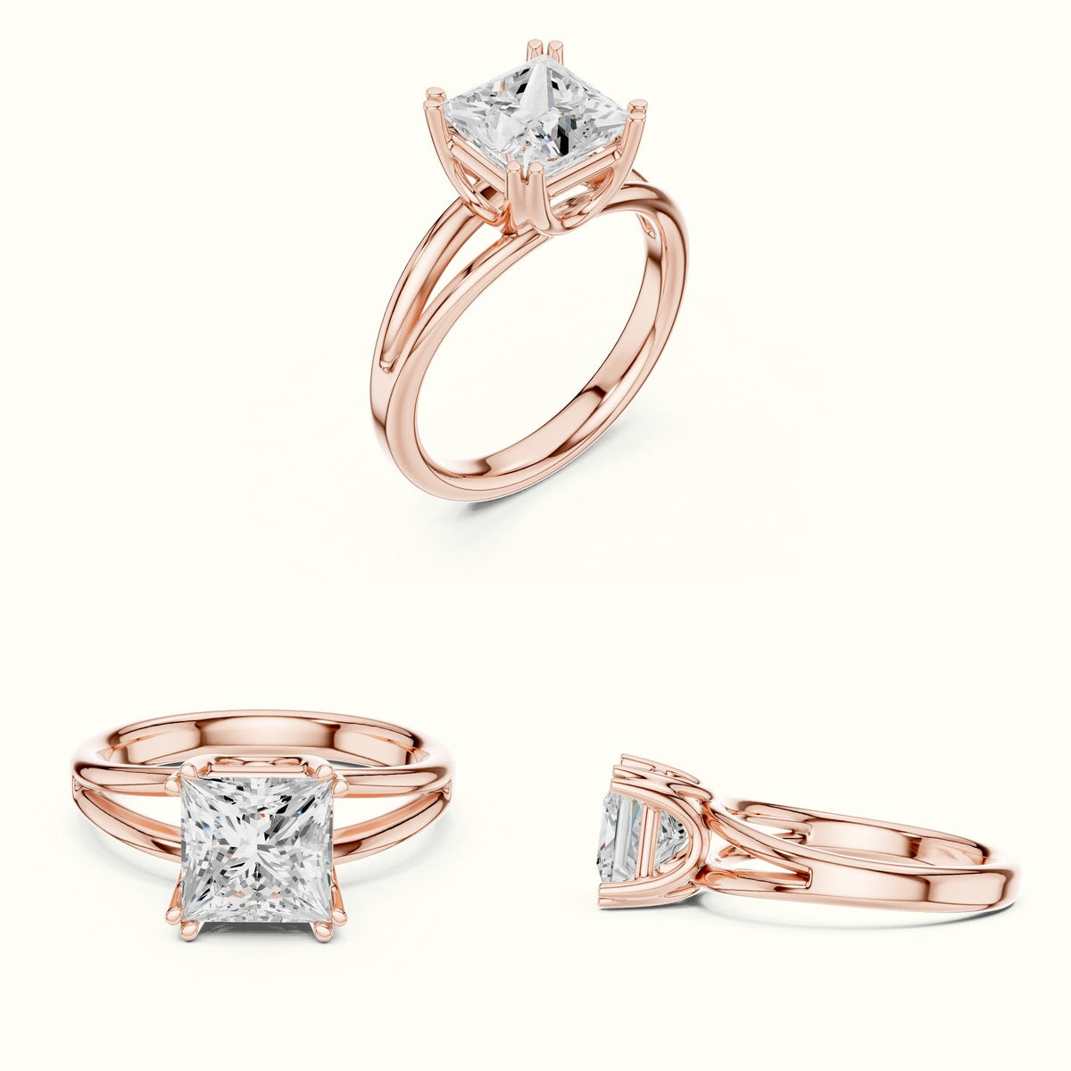 Princess Split Shoulder Lab-Grown Diamond Solitaire Ring — Rose gold, on the hand | Crystal N Cuts