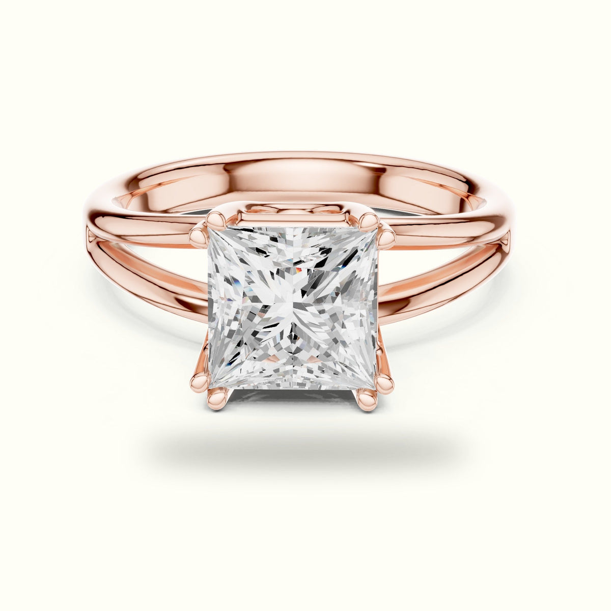 Princess Split Shoulder Lab-Grown Diamond Solitaire Ring — Rose gold, front view | Crystal N Cuts