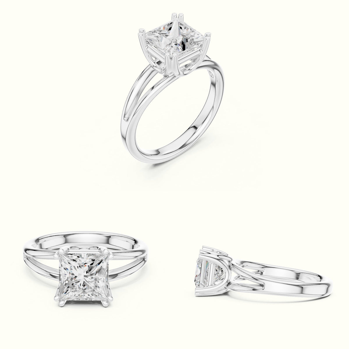 Princess Split Shoulder Lab-Grown Diamond Solitaire Ring — White gold, on the hand | Crystal N Cuts
