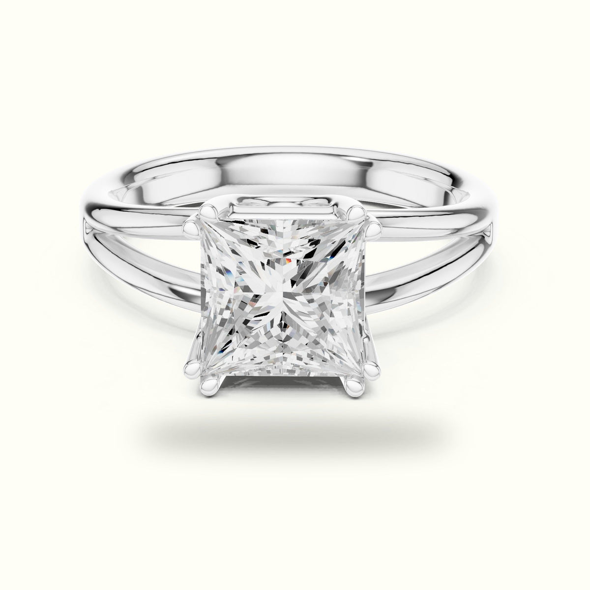 Princess Split Shoulder Lab-Grown Diamond Solitaire Ring — White gold, front view | Crystal N Cuts